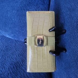 Ferragamo Olive Green Croc Embossed Long Wallet